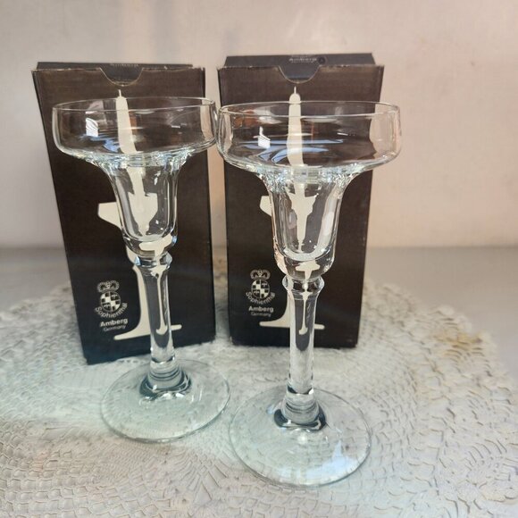 Vintage Candle Holders Germany Clear Glass Pair (2) In Box Sophienthal Amberg - Picture 1 of 8